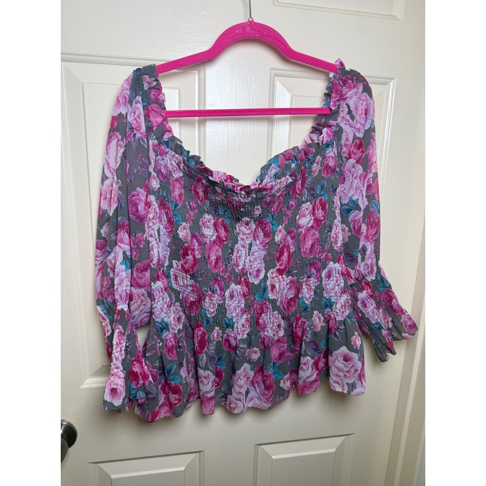 Torrid Pink Grey Floral Smocked Peplum Blouse Square Neck
